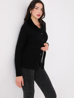 Ribbed Cardigan With Removable Faux Fur Collar