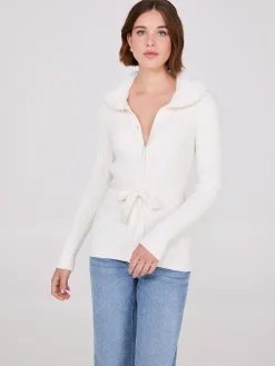 Ribbed Cardigan With Removable Faux Fur Collar