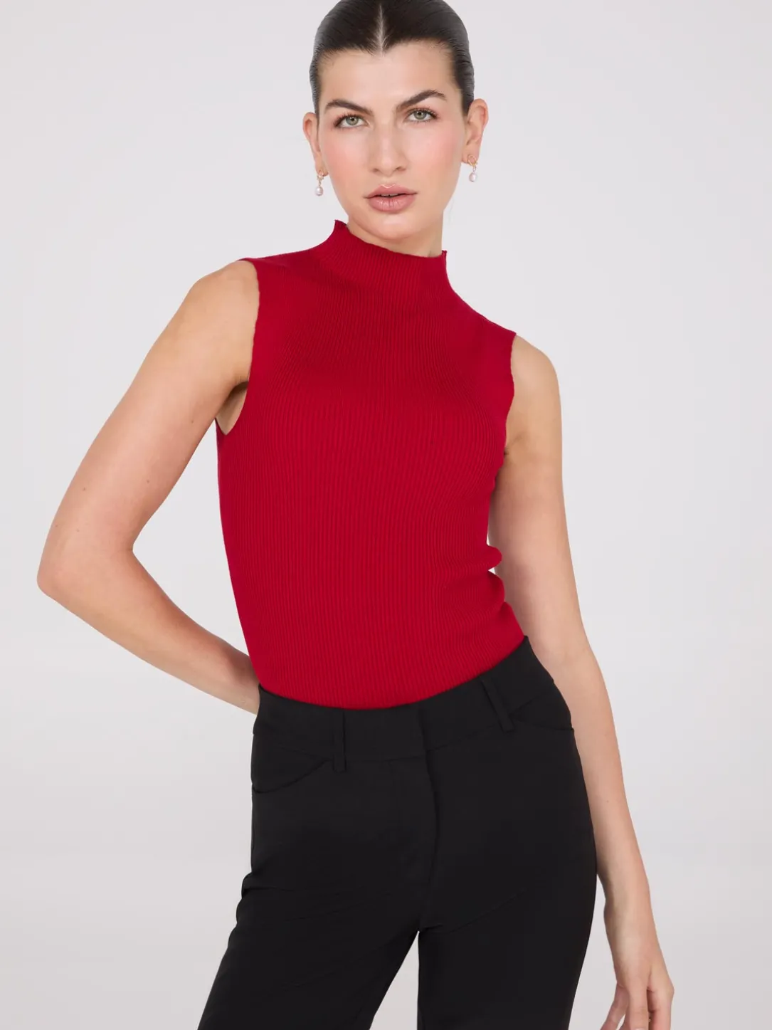 Ribbed Funnel Neck Sleeveless Sweater