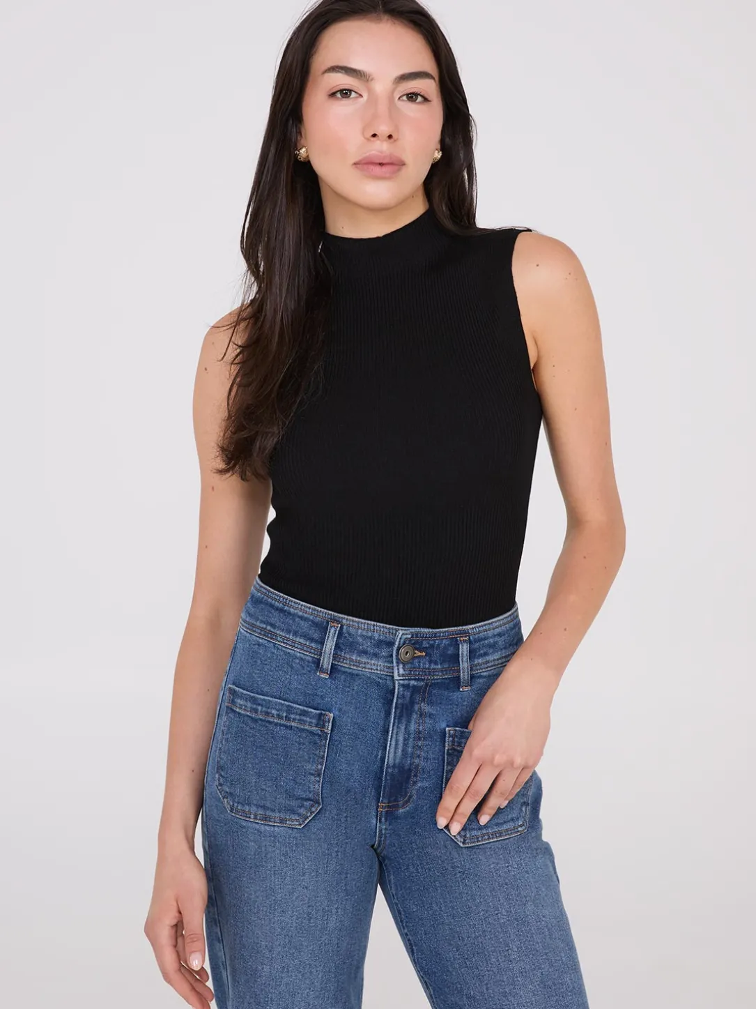 Ribbed Funnel Neck Sleeveless Sweater