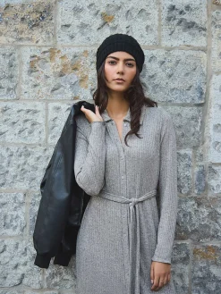 Ribbed Melange Button-Front Midi Dress