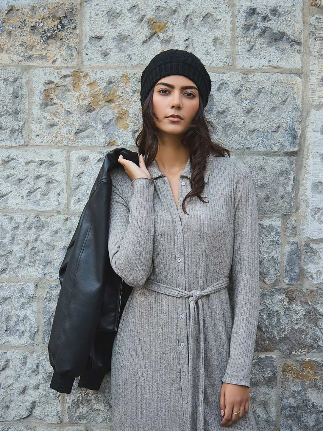 Ribbed Melange Button-Front Midi Dress