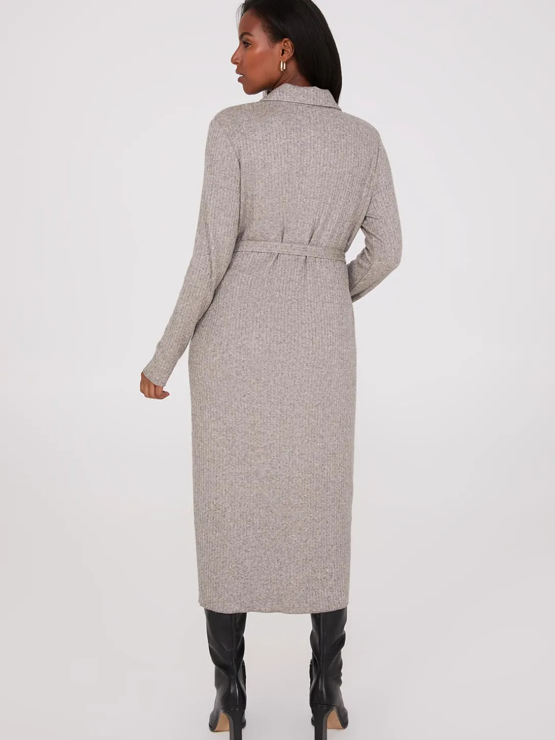 Ribbed Melange Button-Front Midi Dress