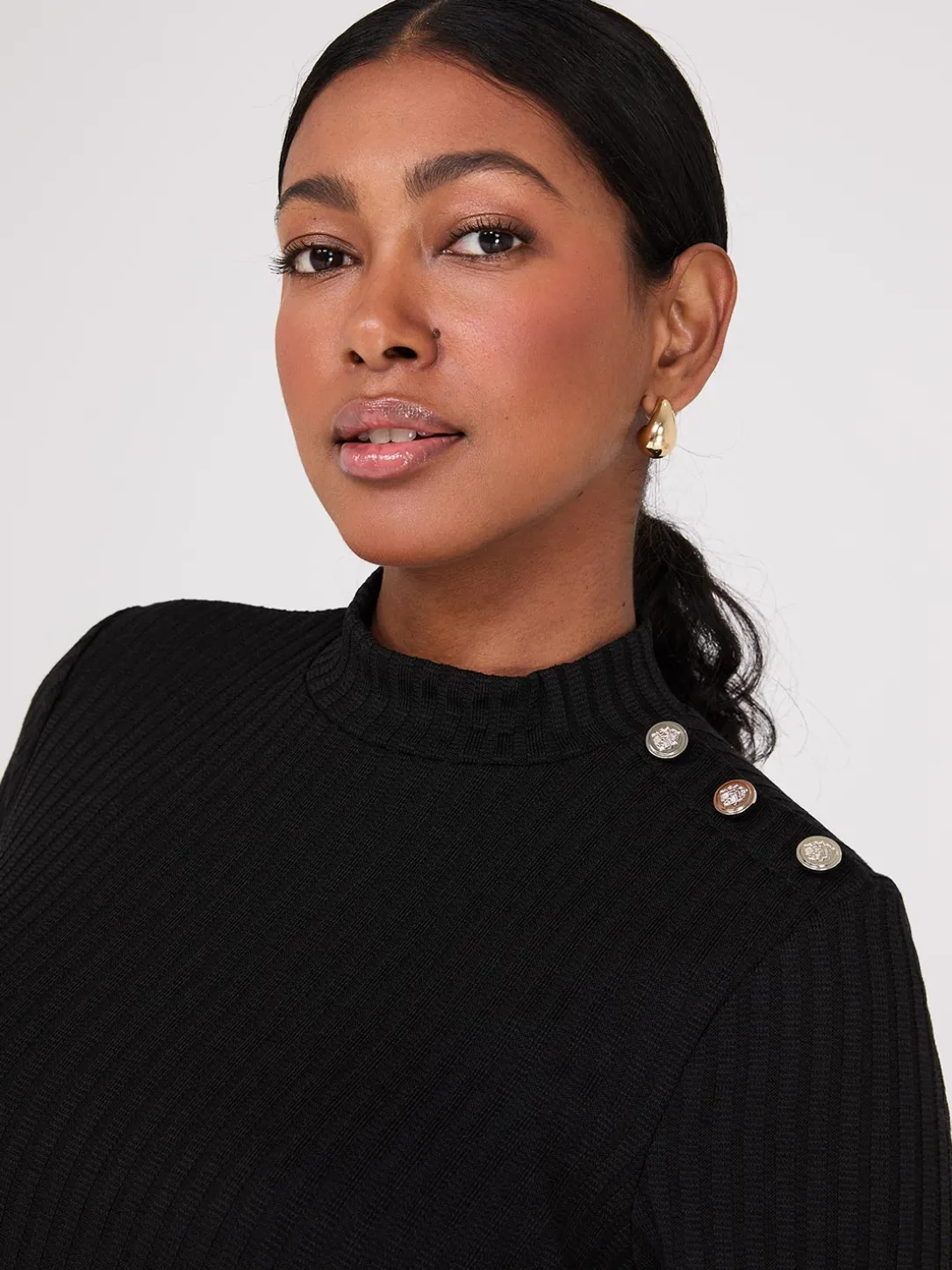 Ribbed Mock Neck Top With Button Details