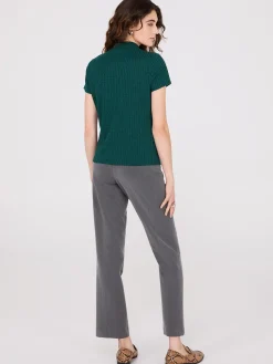 Ribbed Mock Neck Top With Button Details
