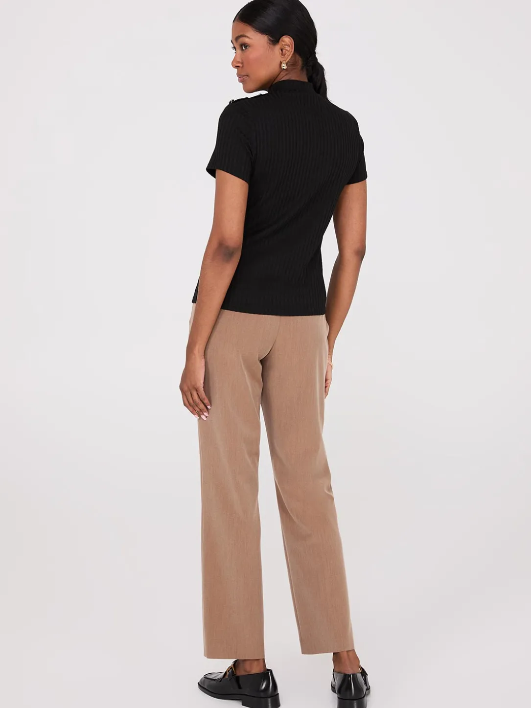 Ribbed Mock Neck Top With Button Details