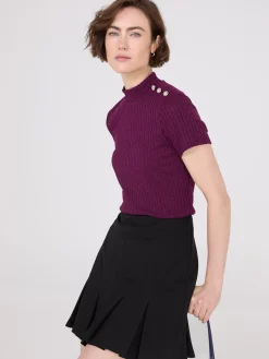 Ribbed Mock Neck Top With Button Details