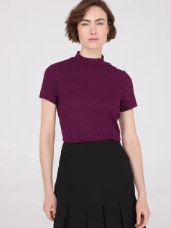 Ribbed Mock Neck Top With Button Details