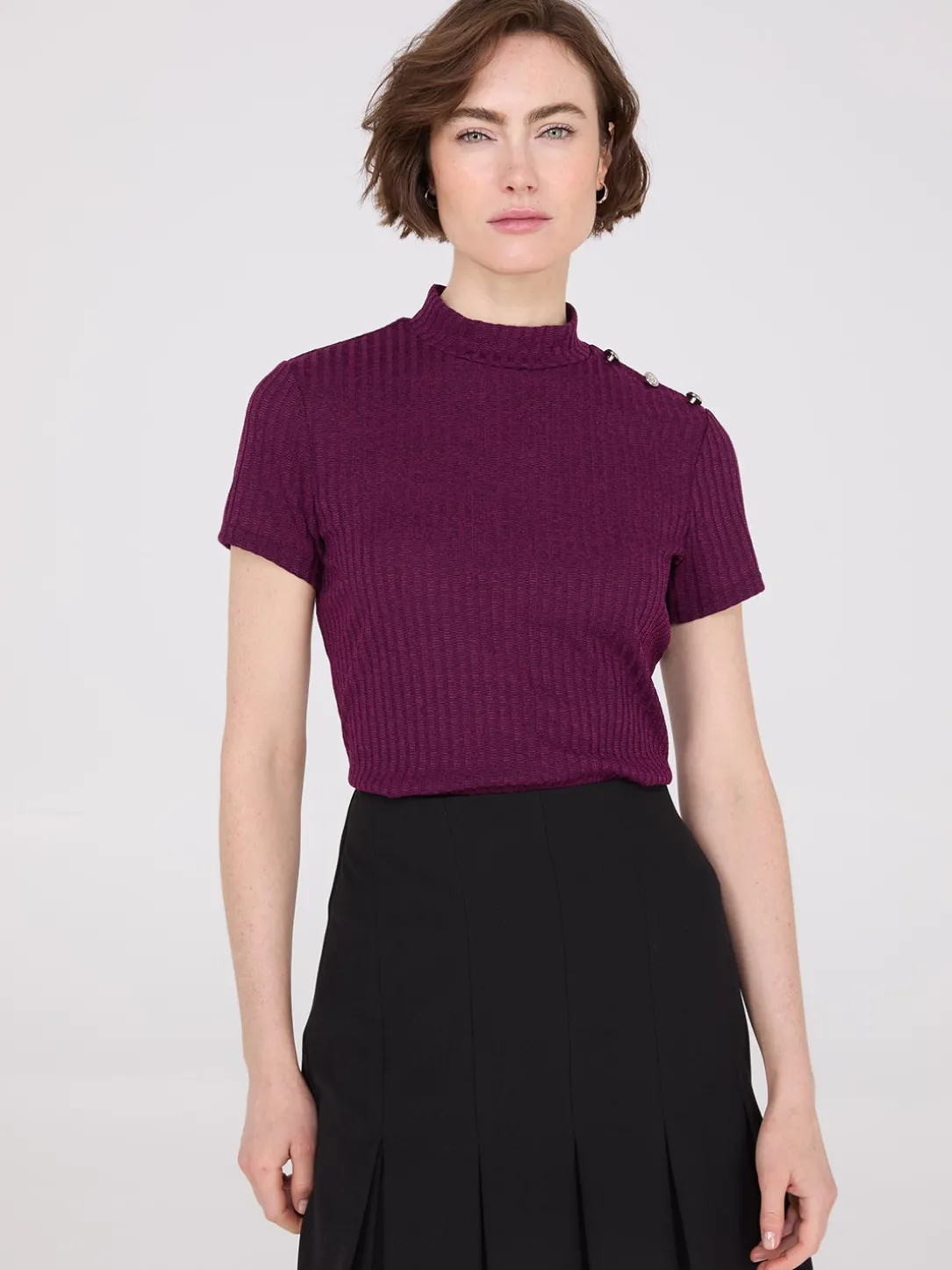 Ribbed Mock Neck Top With Button Details