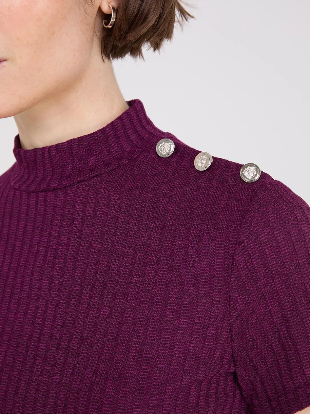 Ribbed Mock Neck Top With Button Details