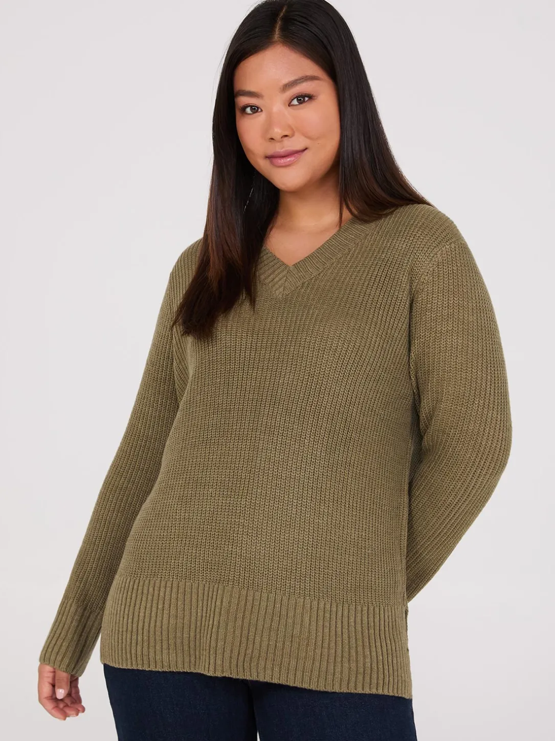 Ribbed V-Neck Sweater With Side Slits