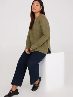 Ribbed V-Neck Sweater With Side Slits