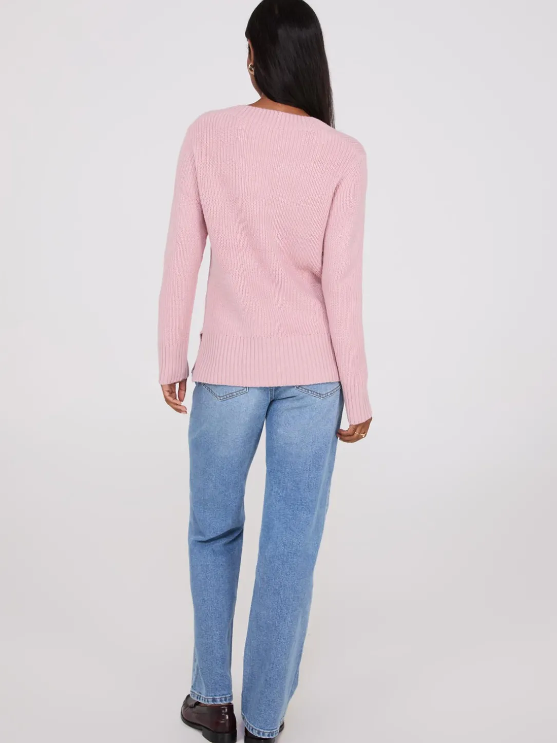 Ribbed V-Neck Sweater With Side Slits