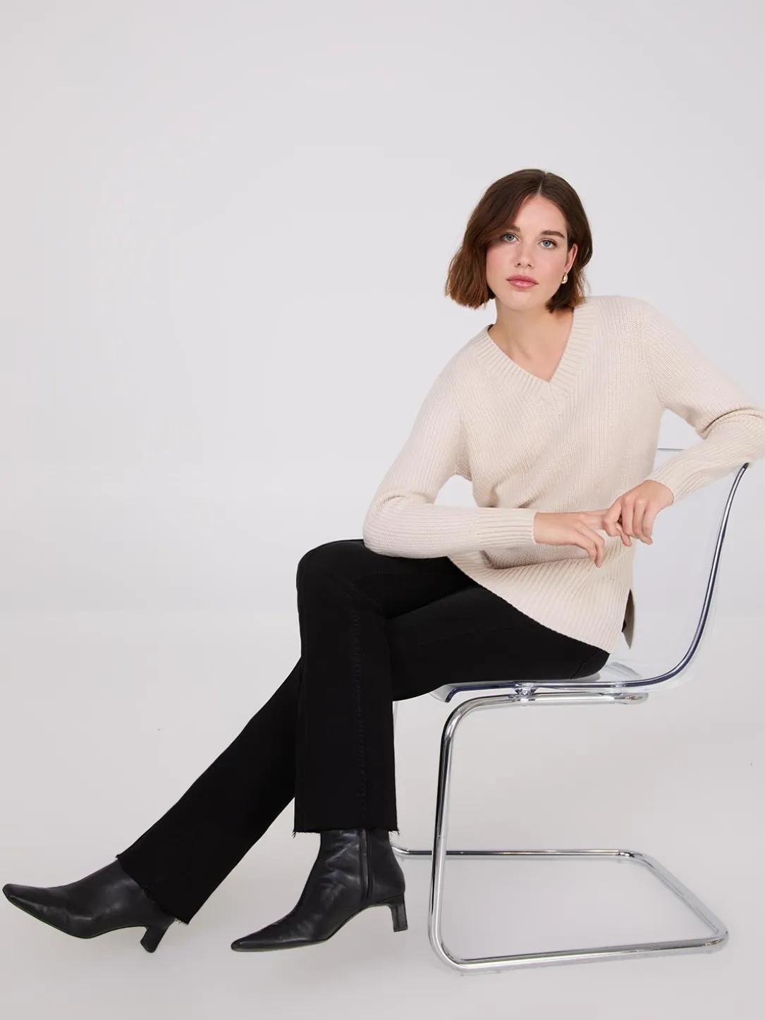 Ribbed V-Neck Sweater With Side Slits