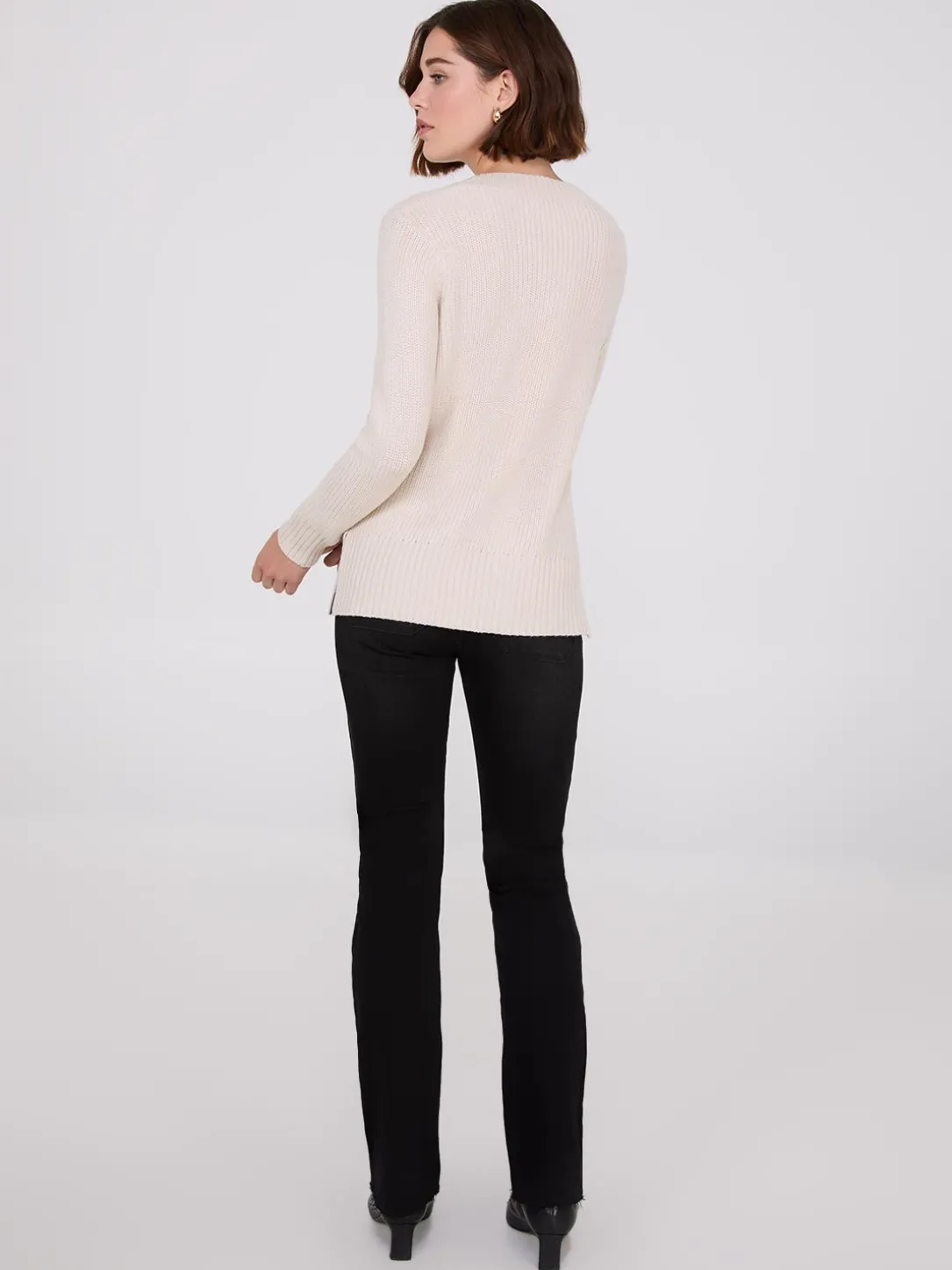 Ribbed V-Neck Sweater With Side Slits