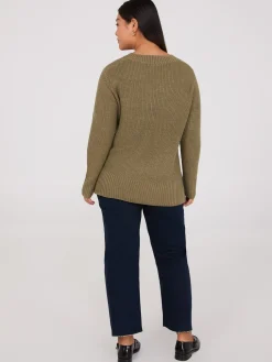 Ribbed V-Neck Sweater With Side Slits