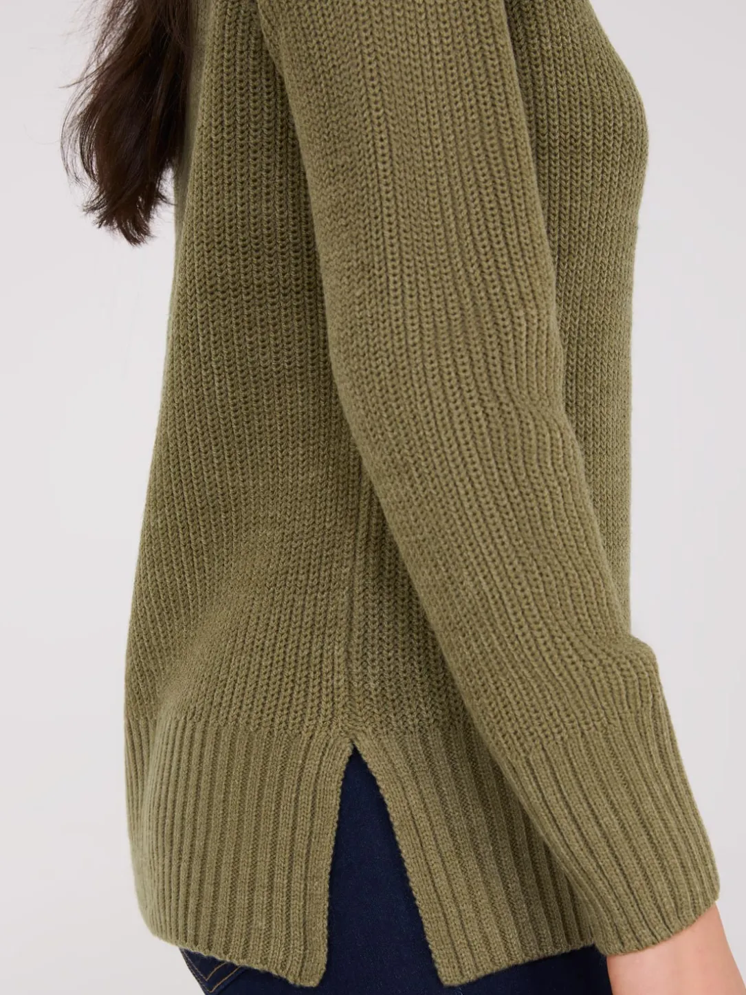 Ribbed V-Neck Sweater With Side Slits