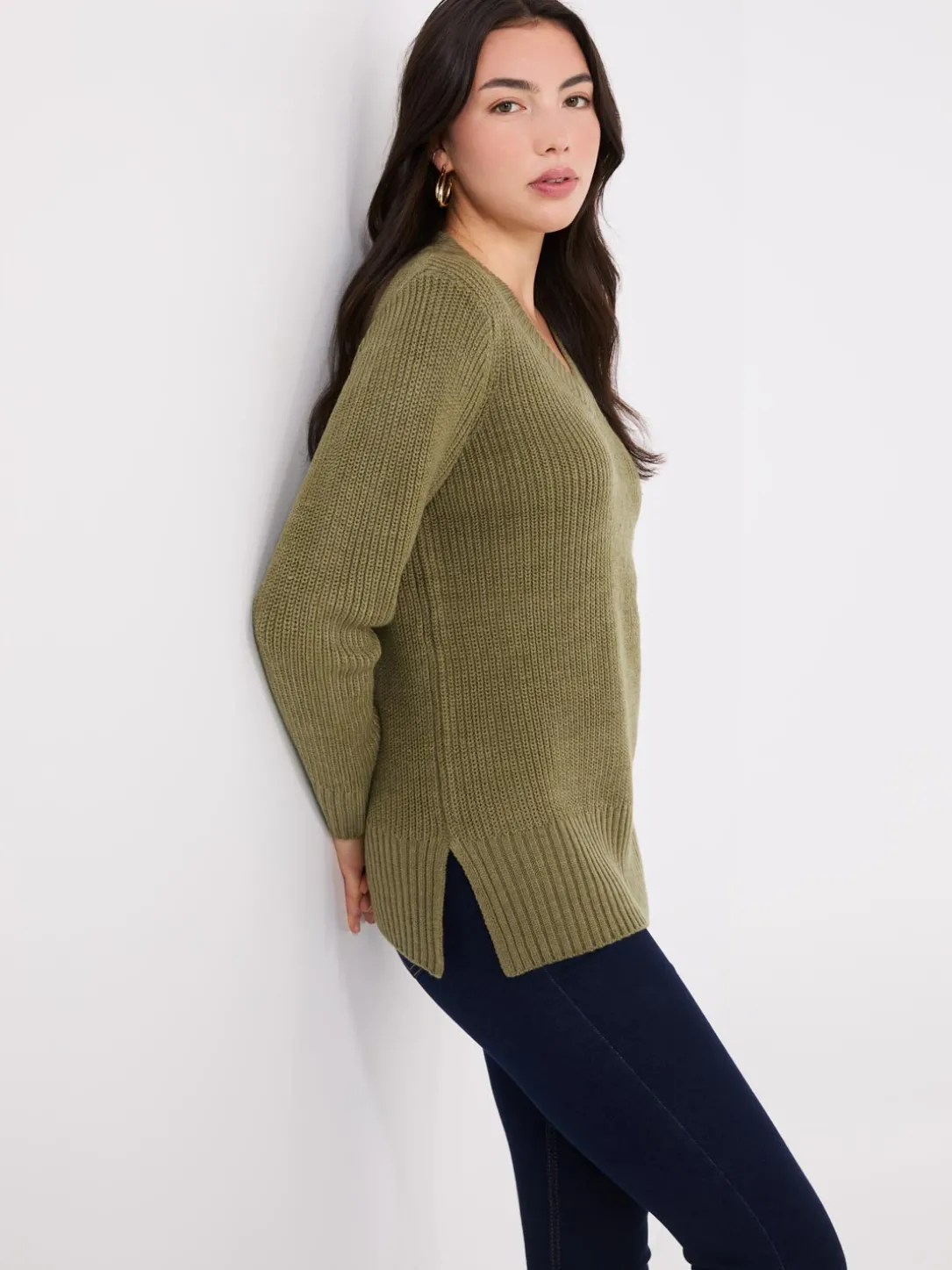 Ribbed V-Neck Sweater With Side Slits