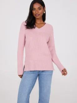 Ribbed V-Neck Sweater With Side Slits