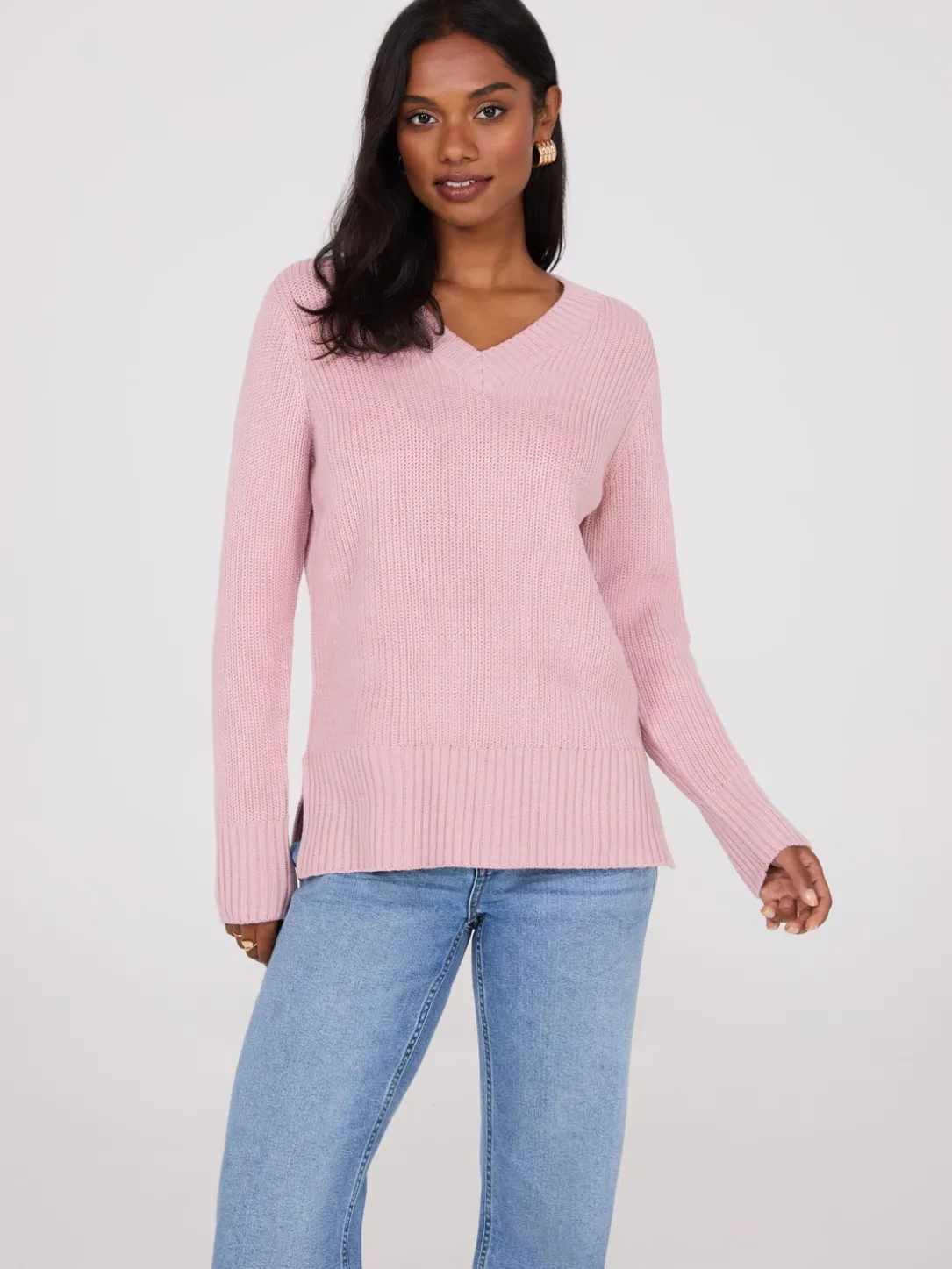 Ribbed V-Neck Sweater With Side Slits