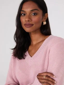 Ribbed V-Neck Sweater With Side Slits