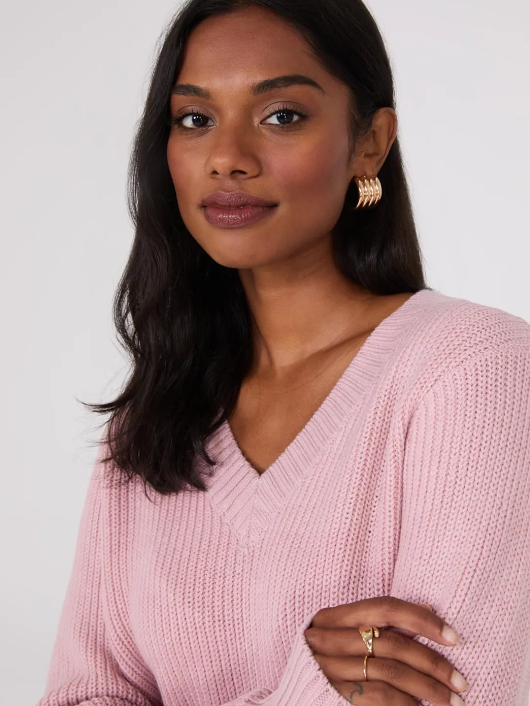 Ribbed V-Neck Sweater With Side Slits