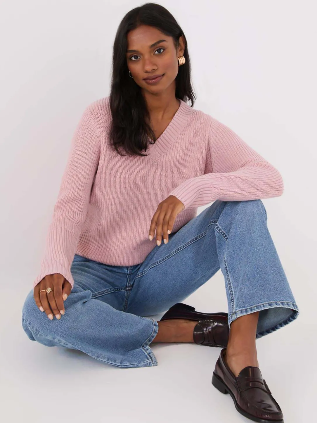 Ribbed V-Neck Sweater With Side Slits