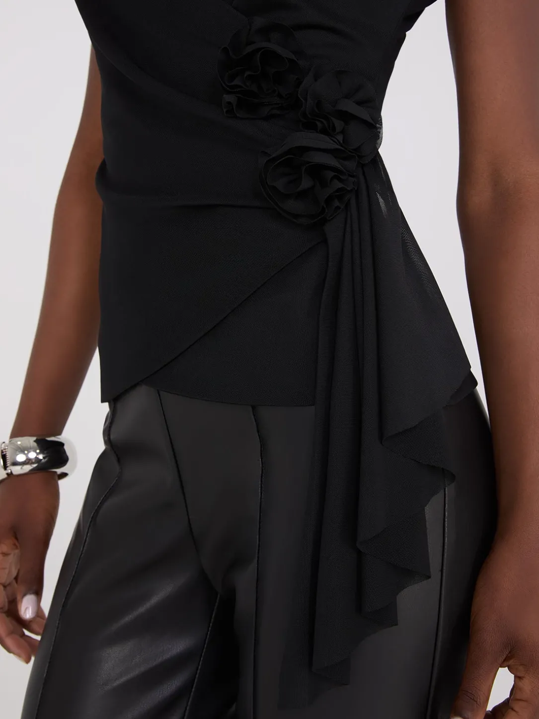 Rosette Detail Crossover Mesh Top