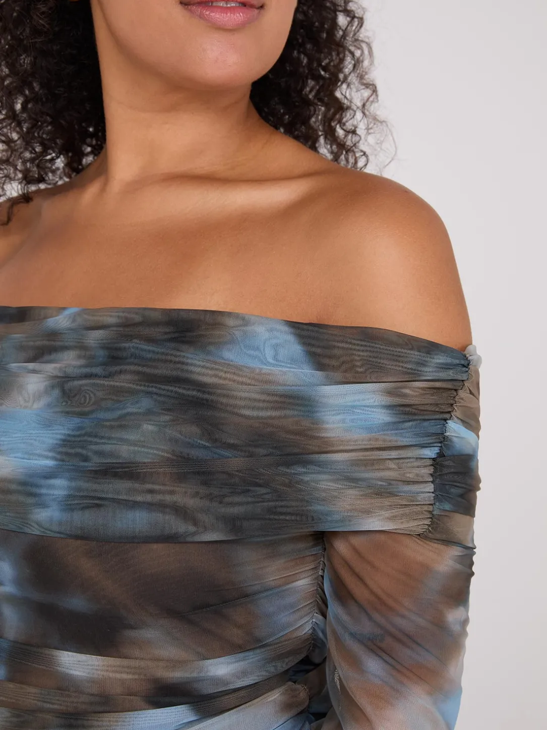 Ruched Off-The-Shoulder Printed Mesh Top