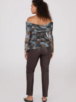 Ruched Off-The-Shoulder Printed Mesh Top