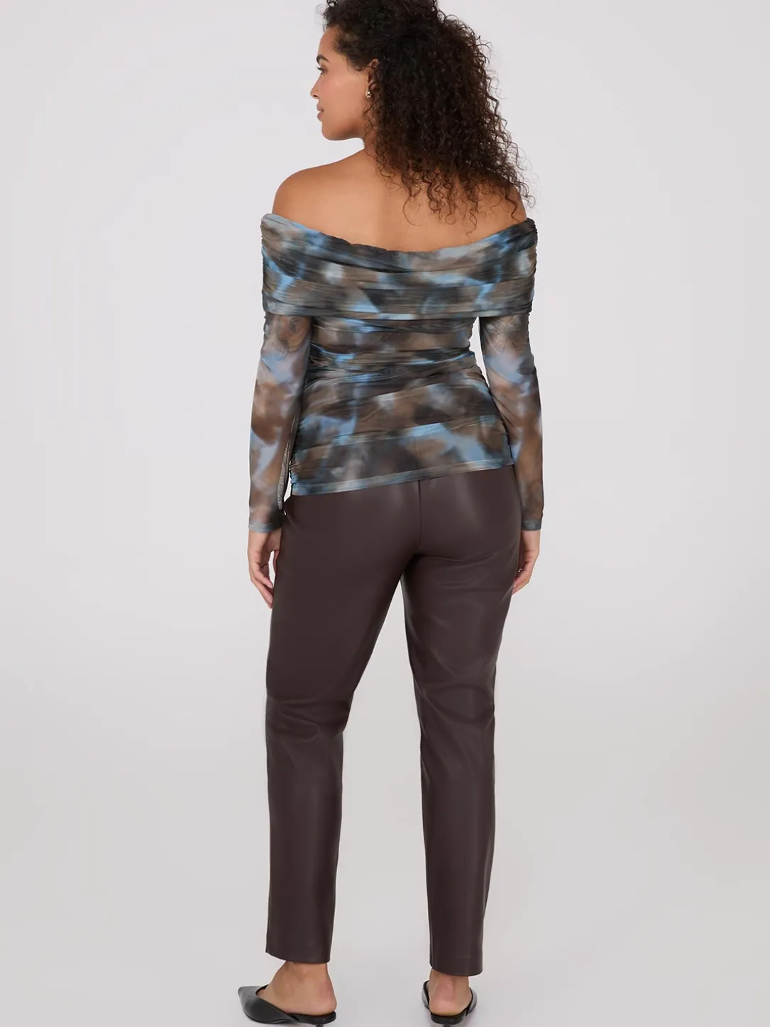 Ruched Off-The-Shoulder Printed Mesh Top