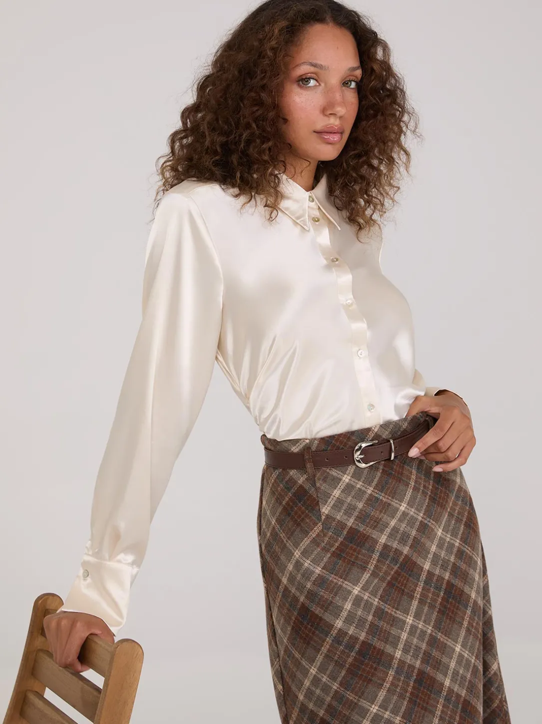 Satin Button-Front Blouse With Side Ruching