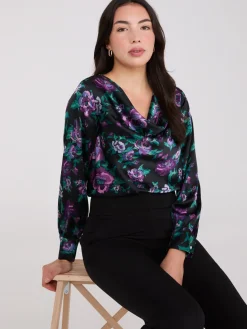 Satin Floral Print Cowl Neck Blouse