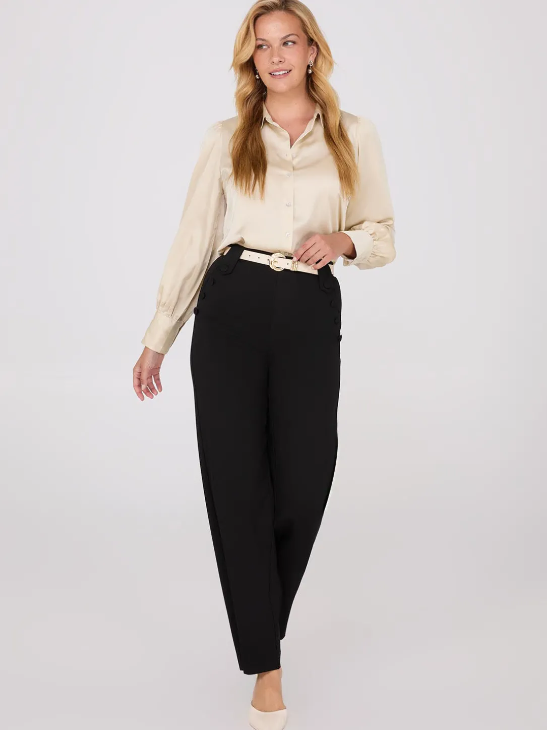 Satin Volume Sleeve Button-Front Blouse