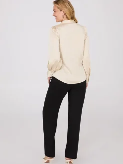 Satin Volume Sleeve Button-Front Blouse