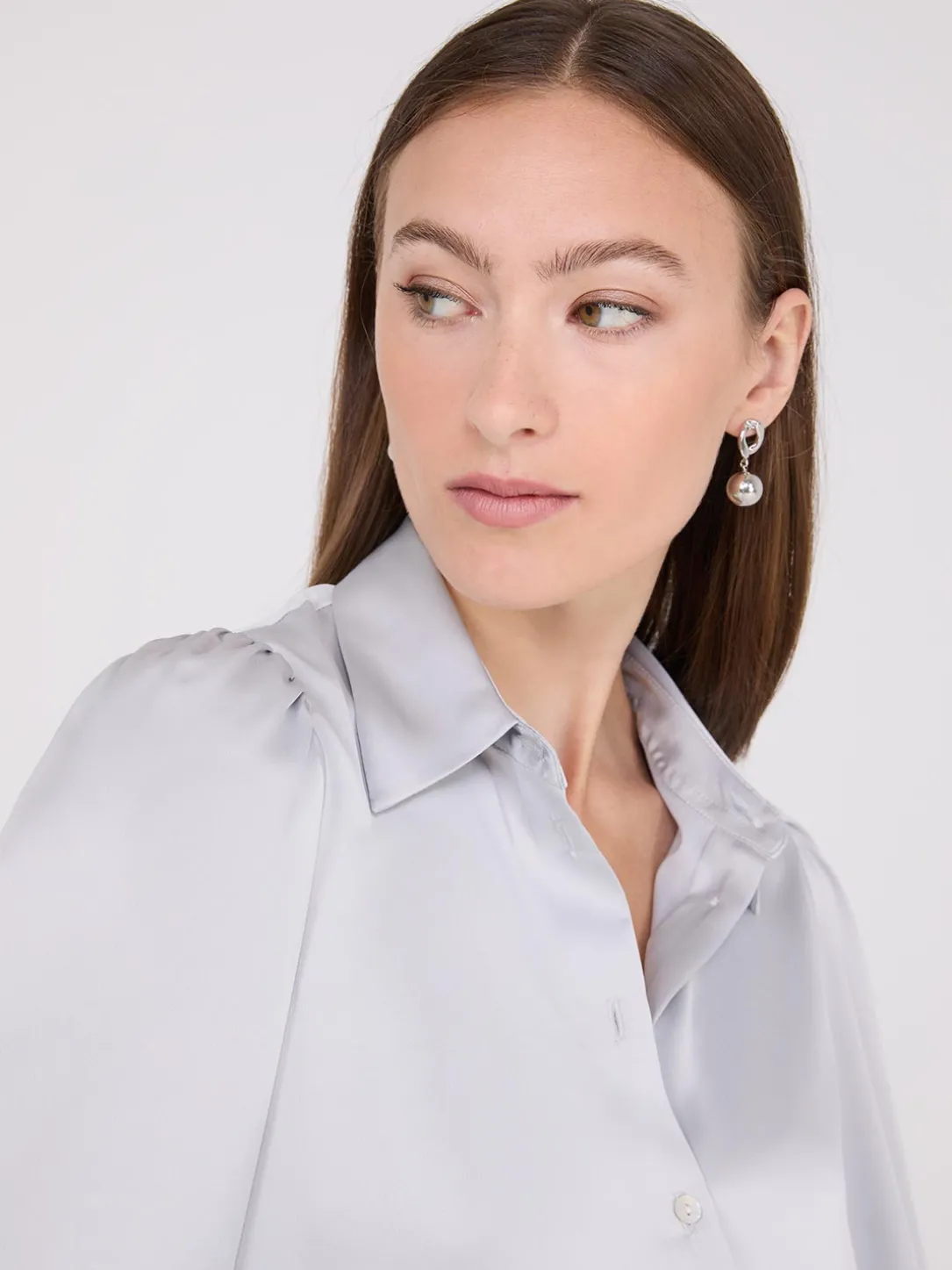 Satin Volume Sleeve Button-Front Blouse
