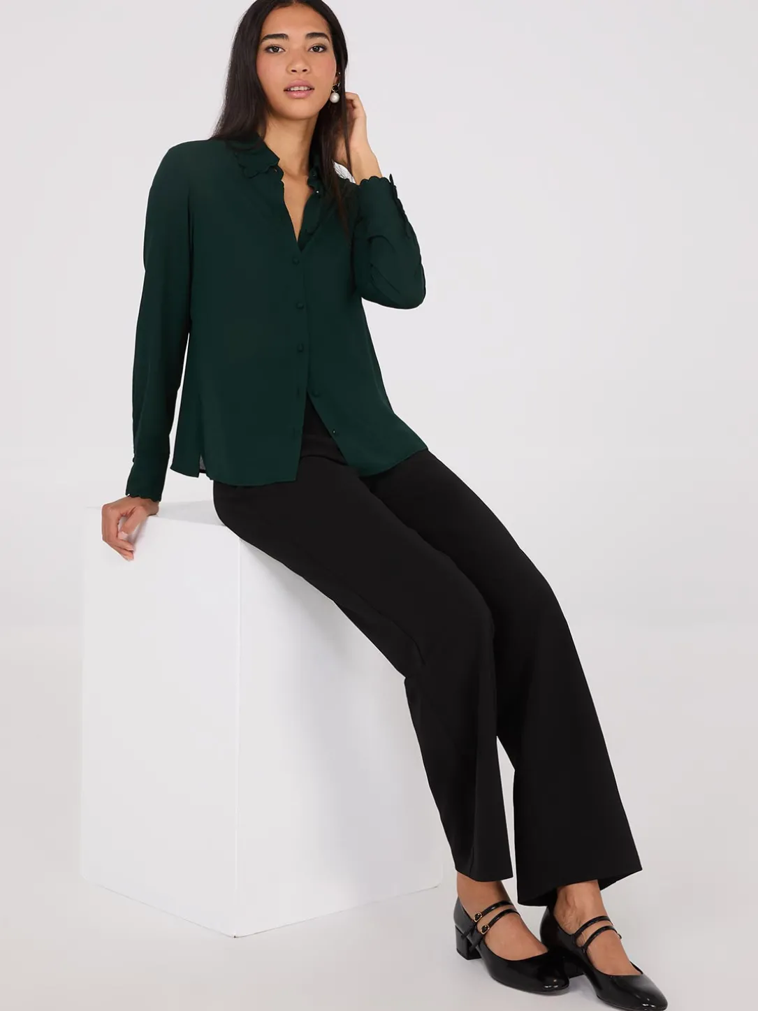 Scalloped Button-Front Blouse