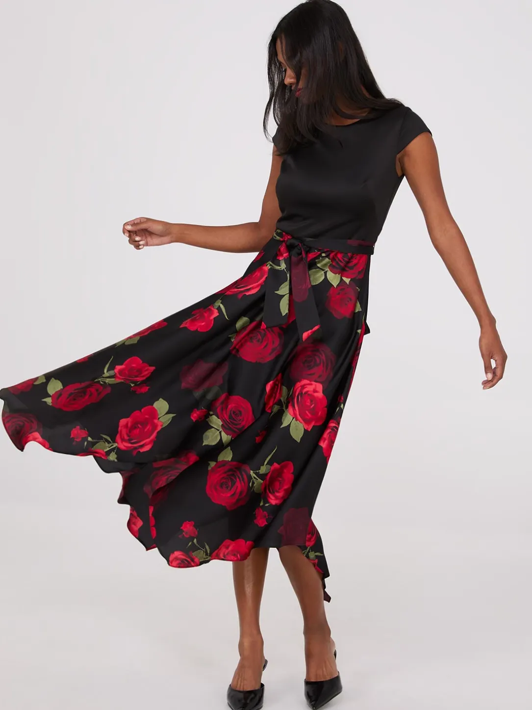Scuba Midi Dress With Printed Satin Skirt