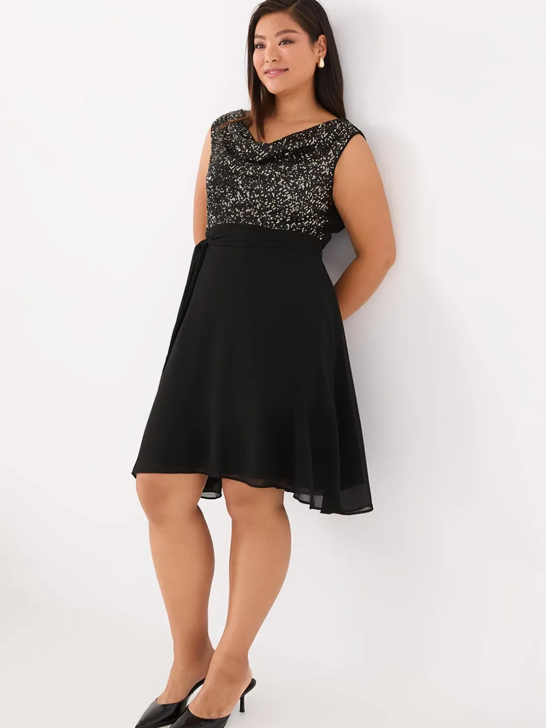Sequin Cowl Neck Fit & Flare Dress