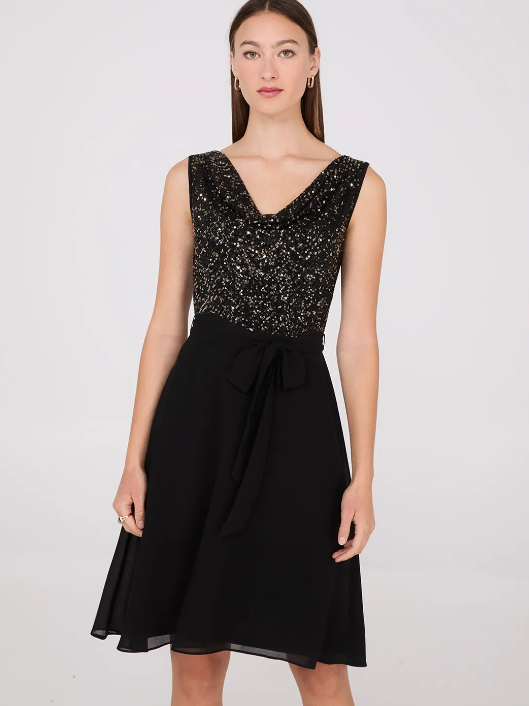 Sequin Cowl Neck Fit & Flare Dress