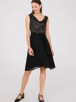 Sequin Cowl Neck Fit & Flare Dress