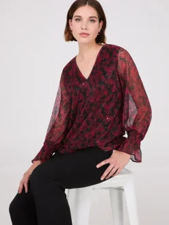 Sequin Floral Print Mesh Top
