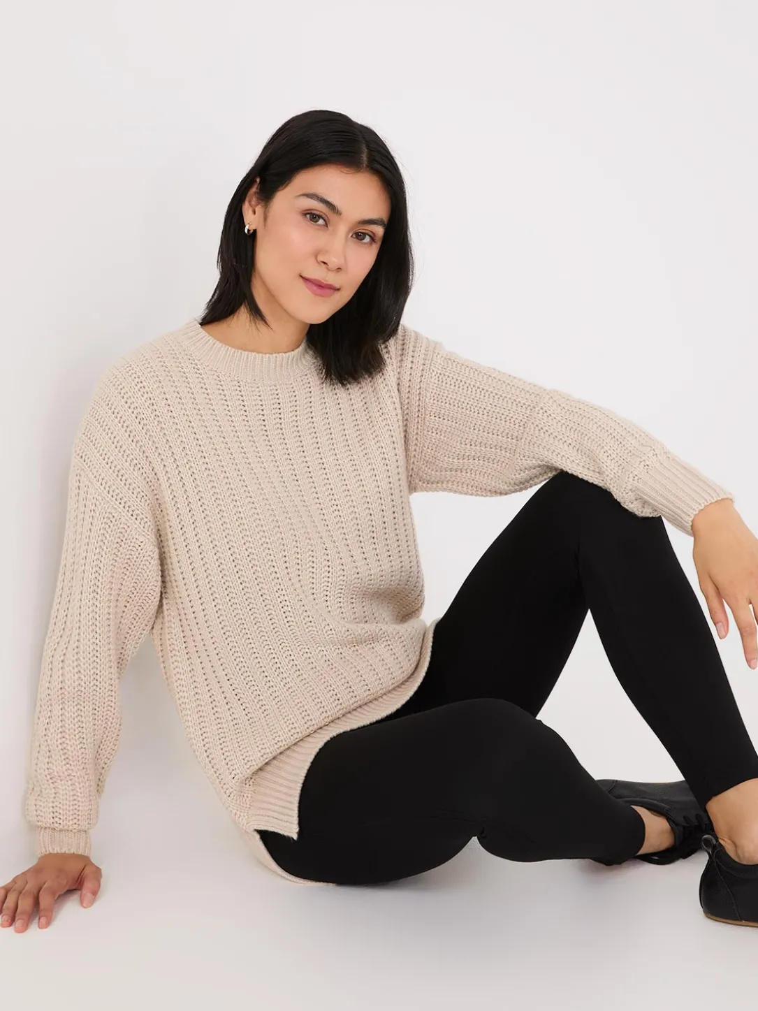 Shaker-Stitch High-Low Sweater