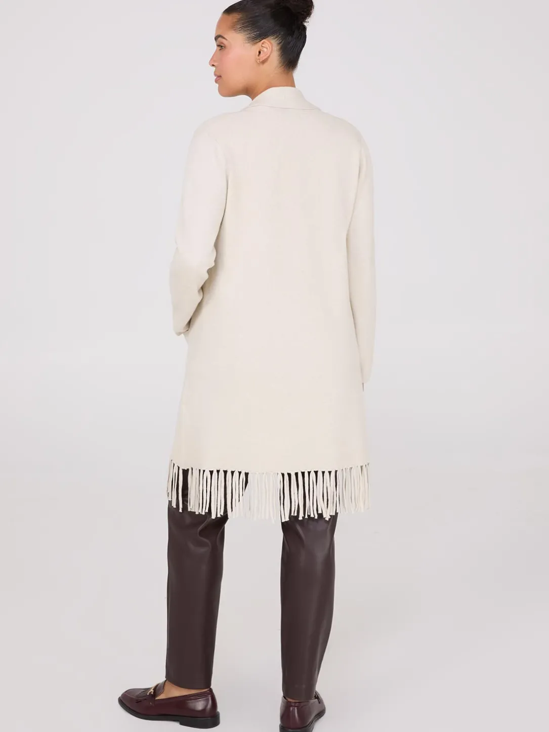 Shawl Collar Duster With Fringe Hem
