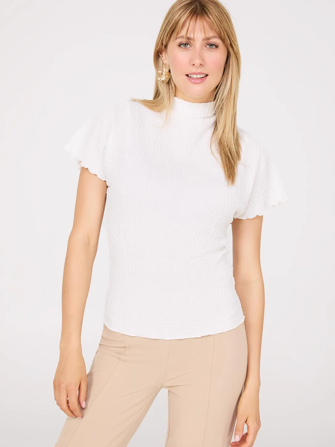 Short Dolman Sleeve Textured Mock Neck Top