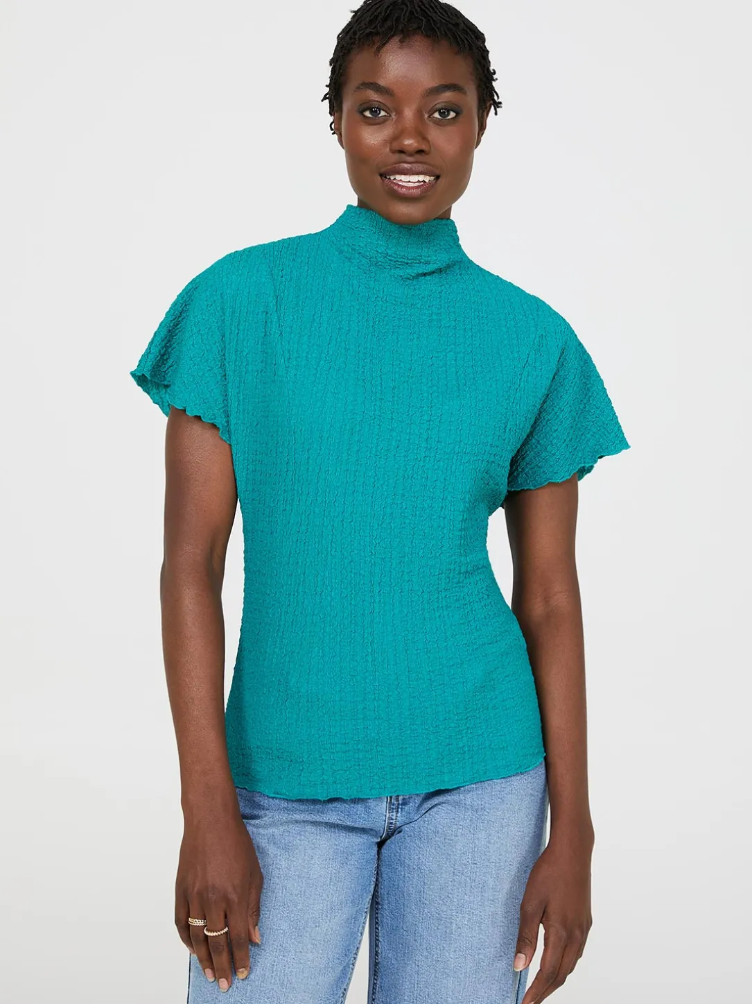 Short Dolman Sleeve Textured Mock Neck Top
