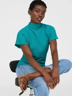 Short Dolman Sleeve Textured Mock Neck Top