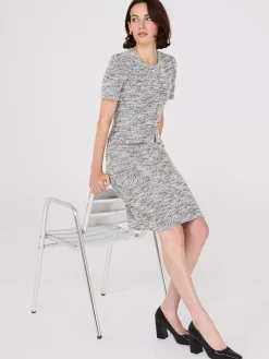 Short Sleeve Button-Front Boucle Sheath Dress