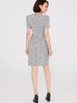 Short Sleeve Button-Front Boucle Sheath Dress