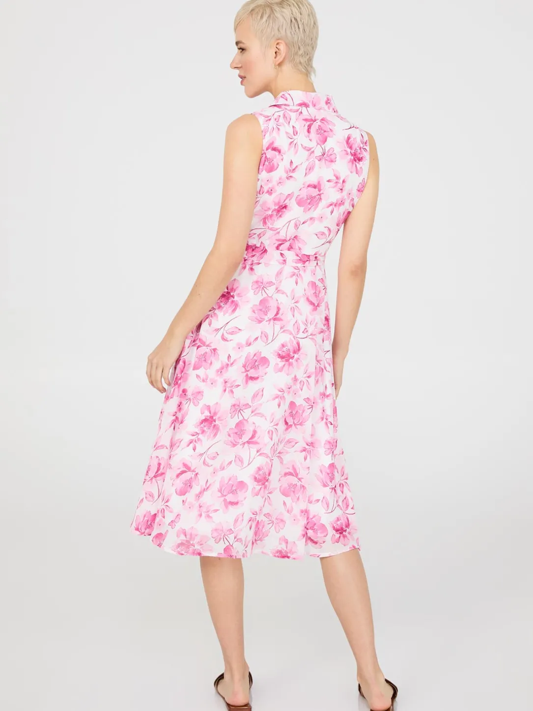 Sleeveless Chiffon Printed Button-Front Midi Dress
